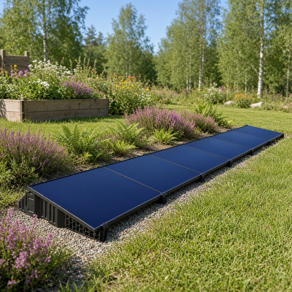 Solcellepaneler på Solarfix-tanker langs et blomsterbed i hagen