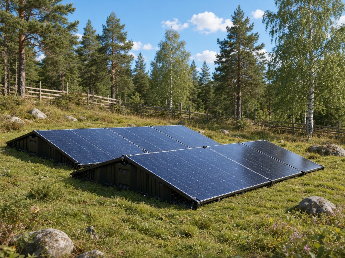 To rader solcellepaneler i øst-vest på HUBER Solarfix-tanker på en eng