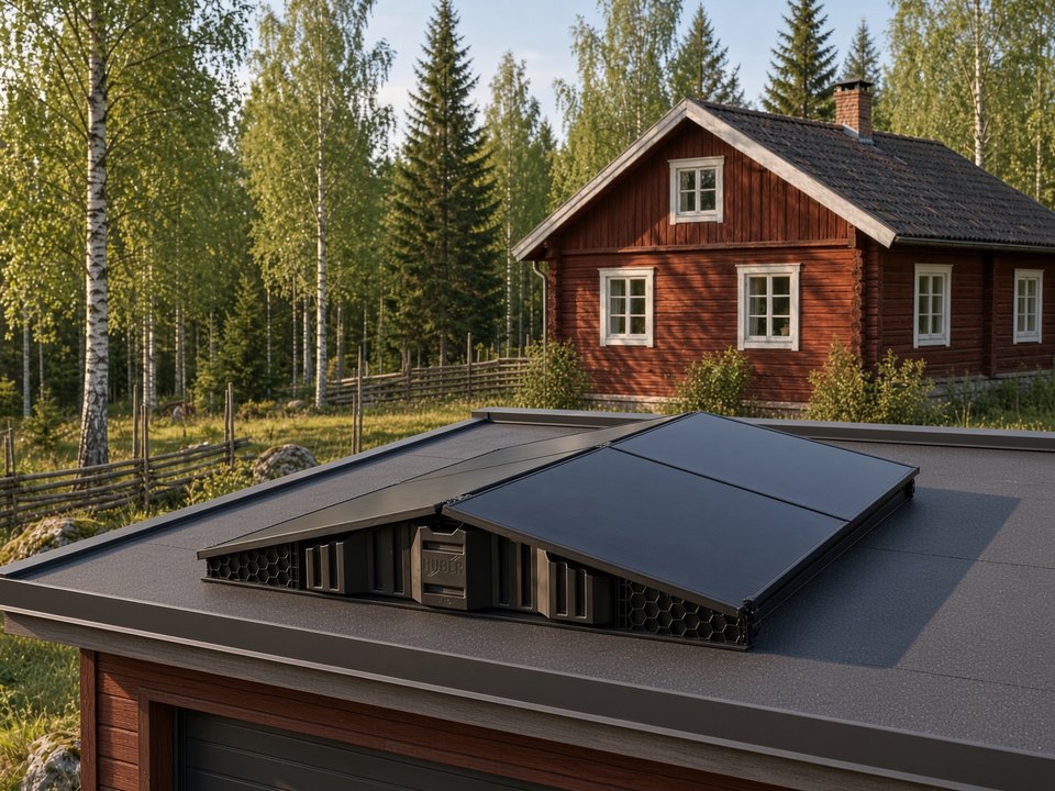 Solcellepaneler i øst-vest på HUBER Solarfix på garasjetaket ved en hytte